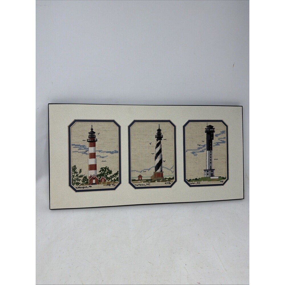 Handmade Cross Stitch Lighthouse Trio Matted Set Hatteras Assateague Charleston